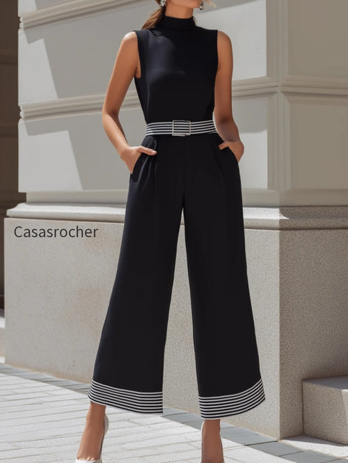 High-Neck Contrast Stripe Belted Wide-Leg Jumpsuit