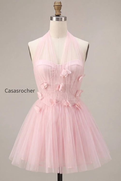 Pink Tulle Halter A-Line Short Homecoming Dress with 3D Flowers
