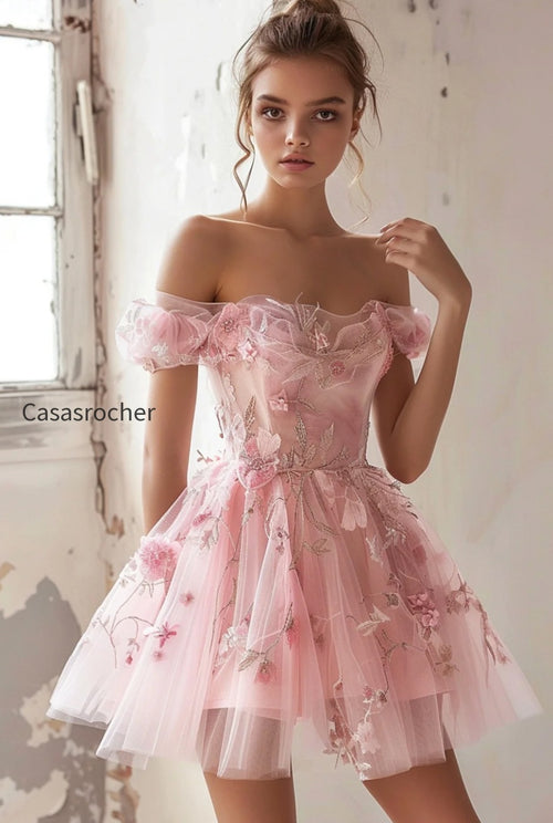 Pink Floral Tulle Off the Shoulder Ruffled Short Homecoming Dress