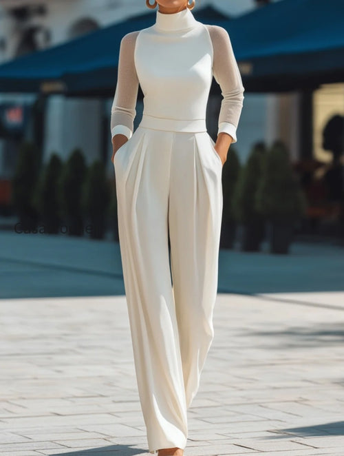 High Neck Sheer Sleeve Tailored Wide-Leg Jumpsuit