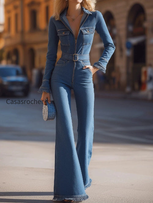 Denim Belted Jumpsuit With Flared Legs