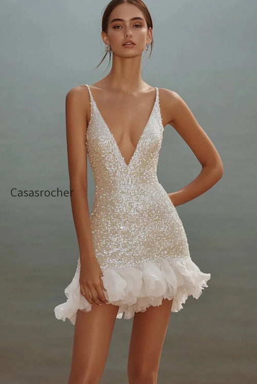 Sparkly White Bodycon Sequins Mini Bachelorette Dress