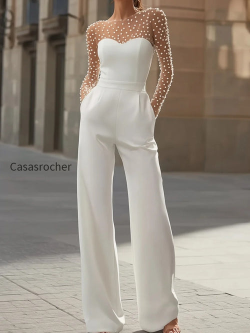 Pearl-Embellished Sheer Bodice White Jumpsuit